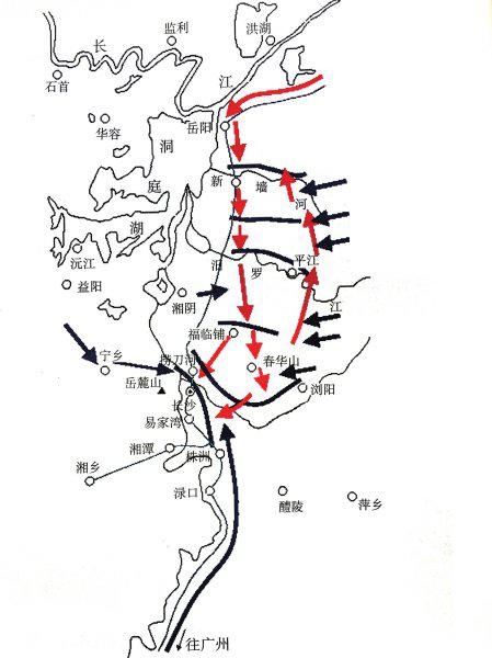 △▲第三次长沙会战示意图，红色箭头为日军进攻路线，深色箭头为中国军队阻击路线。 图片来自《发现另一个湖南·抗战纪》。